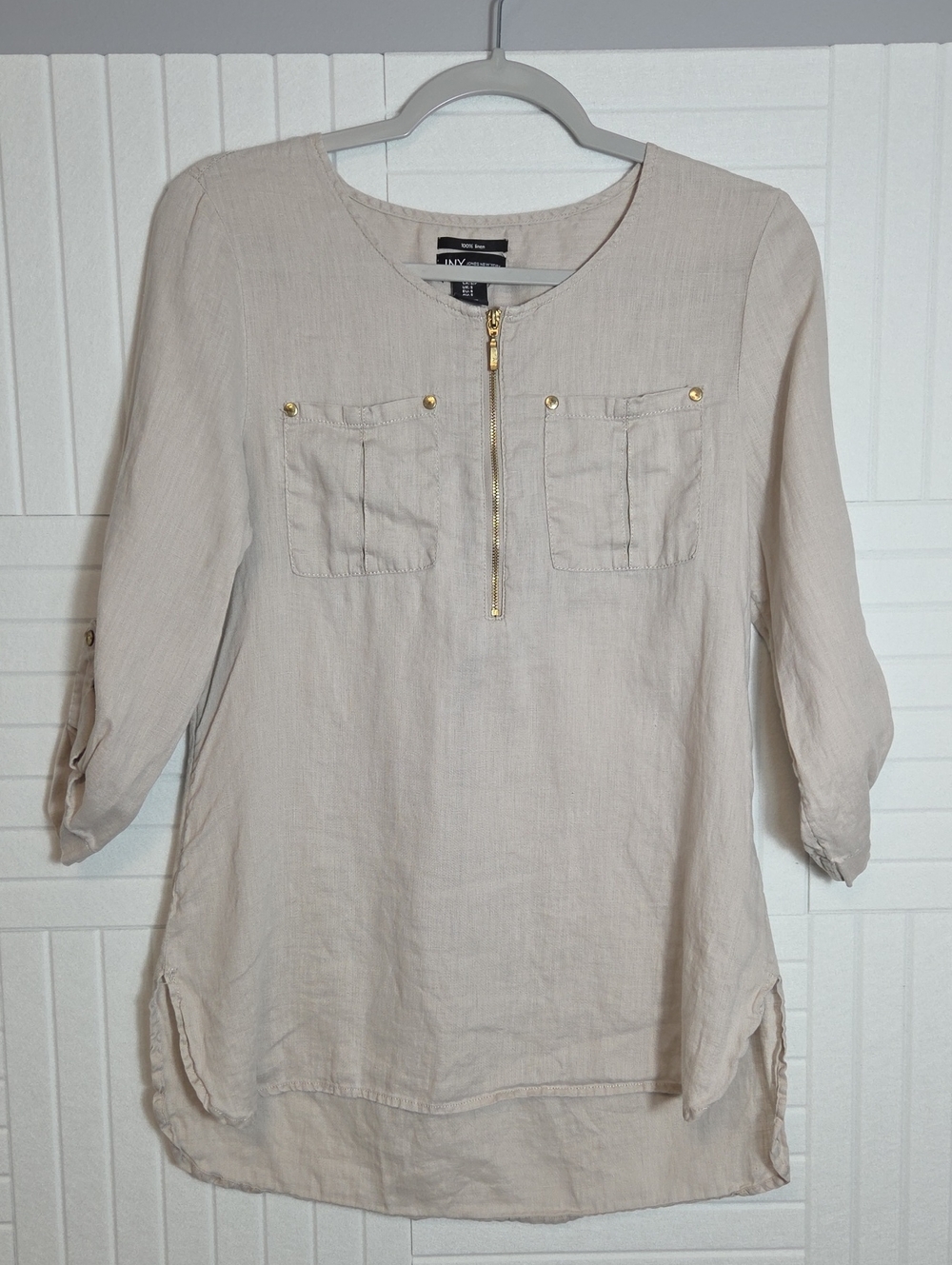 Jones New York 100% Linen Quarter Zip High Low Tab Sleeve Tunic Top Size S